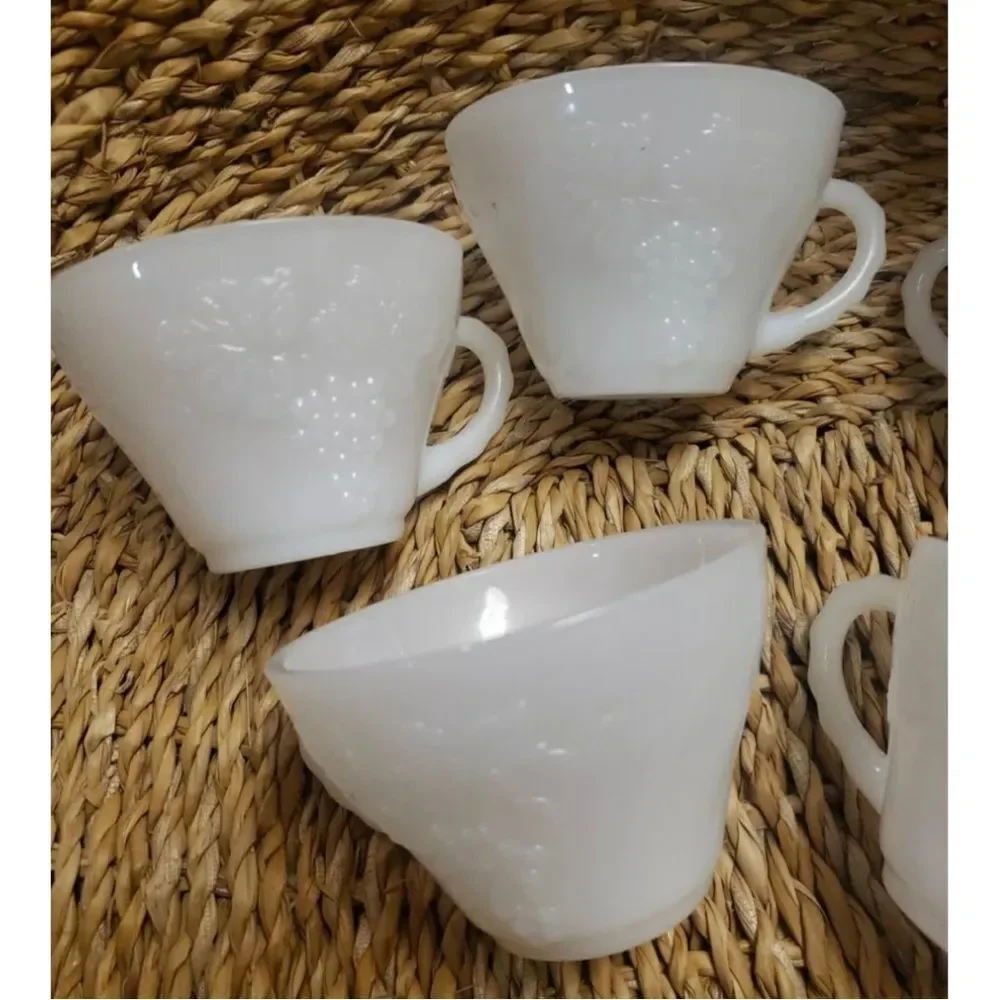 Set of 6 Vintage Milk Glass Harvest Grape Design Punch Bowl‎ Cups Anchor Hocking